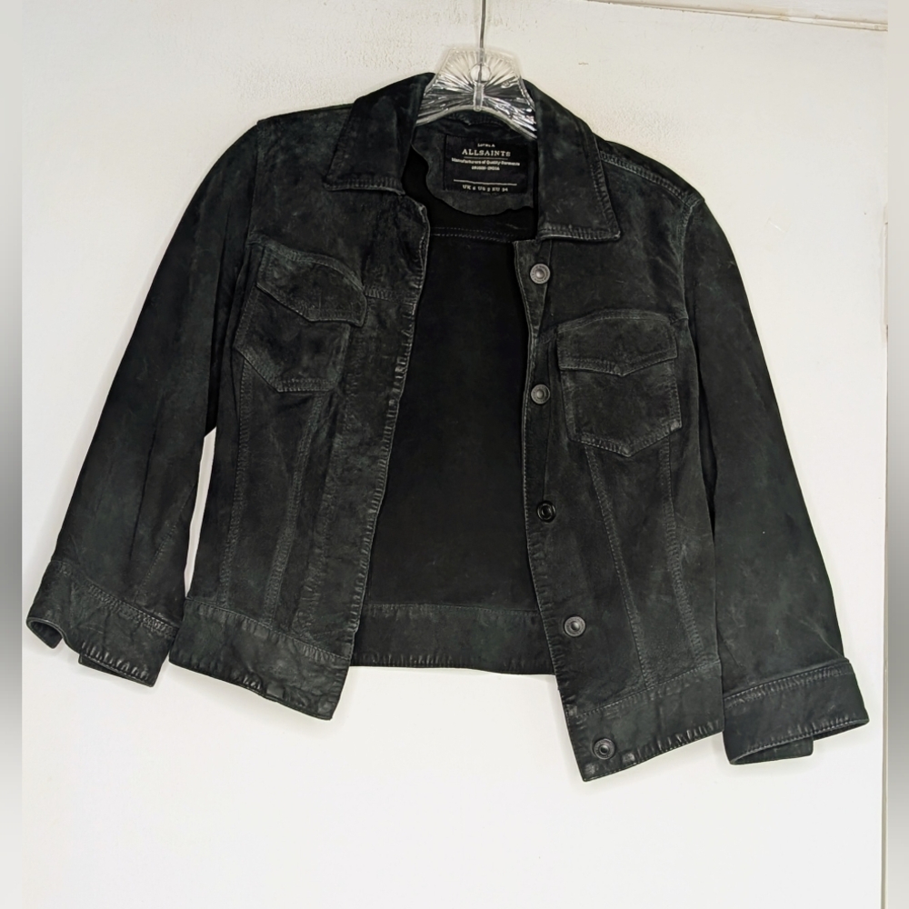 All Saints • Cammie Suede Leather Button Jacket in Dark Green size 2